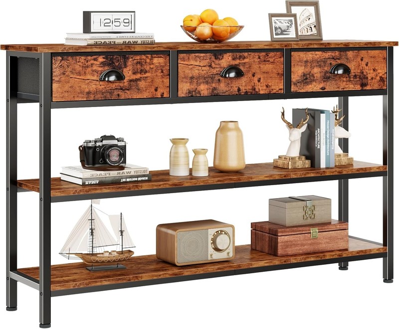 Long 47″ Console Sofa Table with 3 Drawers, Entryway Table with 3-Tier Storage