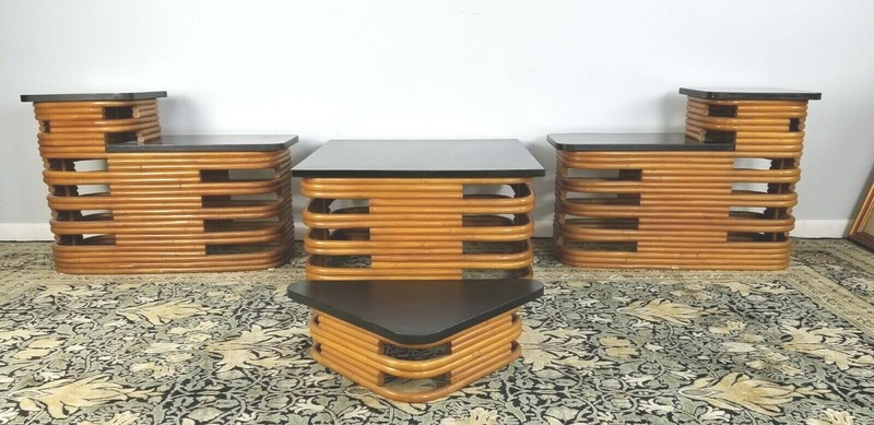 4 Piece Art Deco Paul Frankl End Tables Rare Black Lacquer Top Bamboo 1940’s
