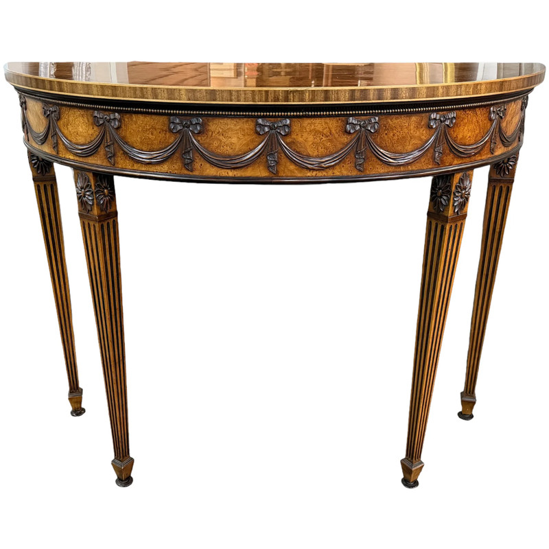 Adam Style Burled Walnut Demilune Table or Console with Banding & Ribbon Swags