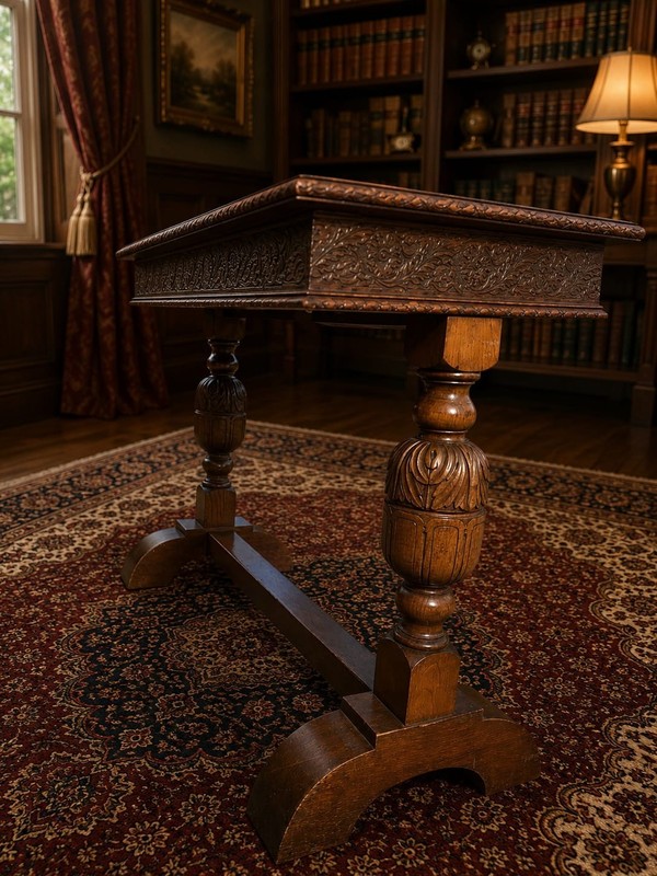 RARE Antique Hand Carved Oak Refectory / Centre Table With Memorial Plaque gallery