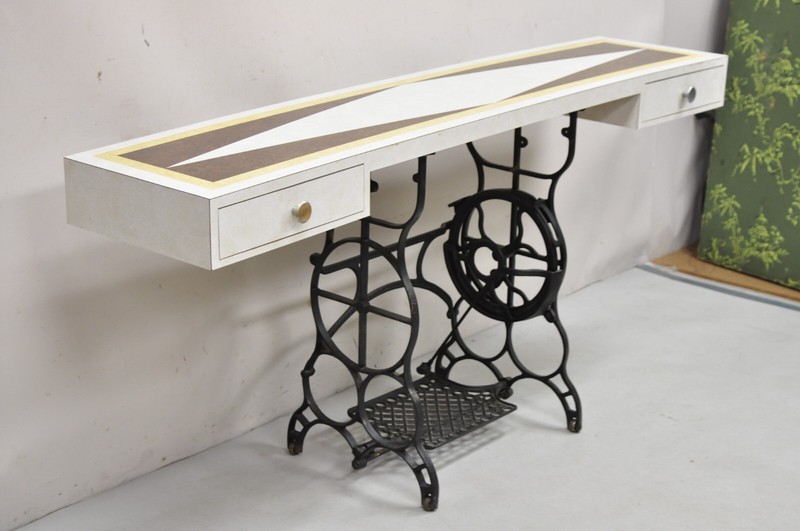Vintage Mid Century Modern 65" Long Console Table w/ Iron Sewing Machine Base gallery