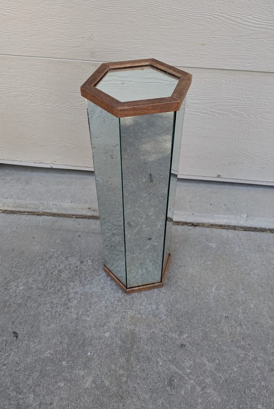Vintage 31" Mid Century Modern Mirrored Hexagon Pedestal Plant Stand Table Wood gallery