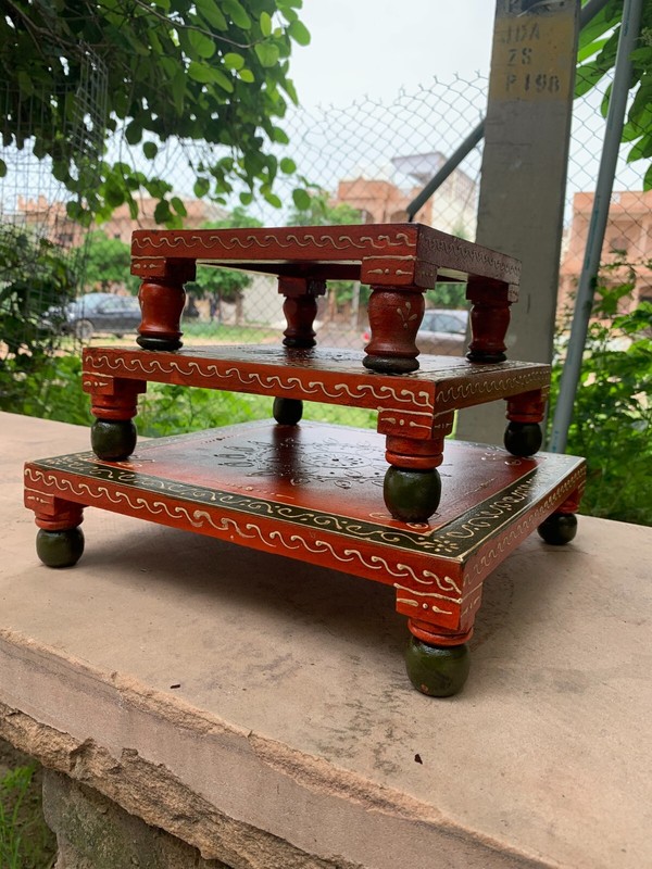 Pooja Stool Chowki Traditional Handcrafted Wooden Painted Bajot Indian Art Work gallery