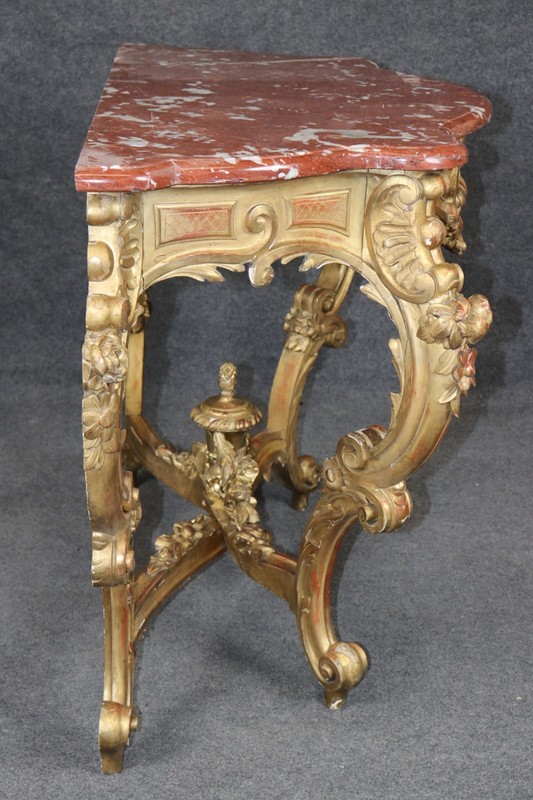 19th Century French Rococo Carved Giltwood Marble Top Console Table gallery