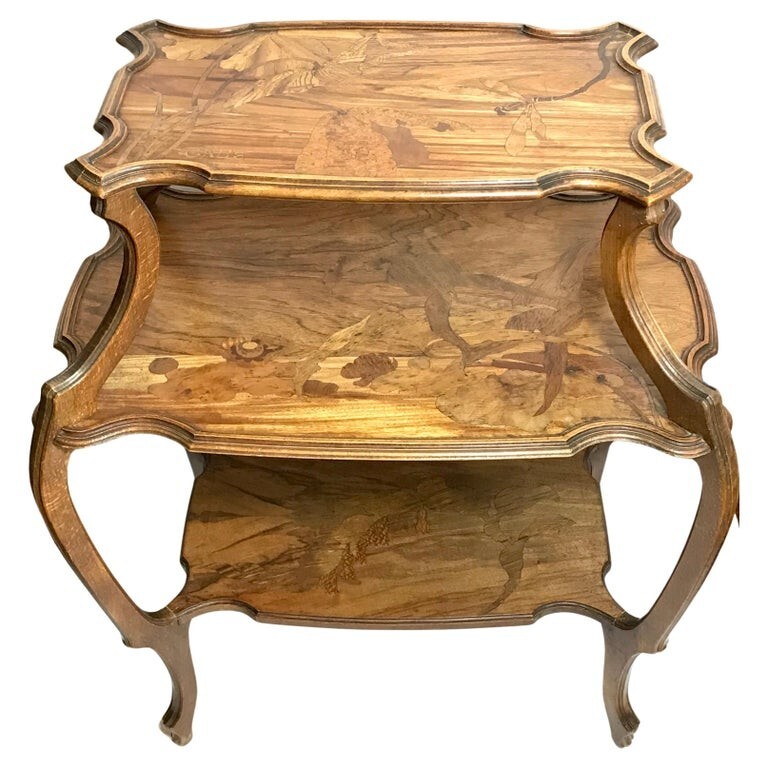 Emile Galle Marquetry Three Tier Dragonfy and Botanical Table