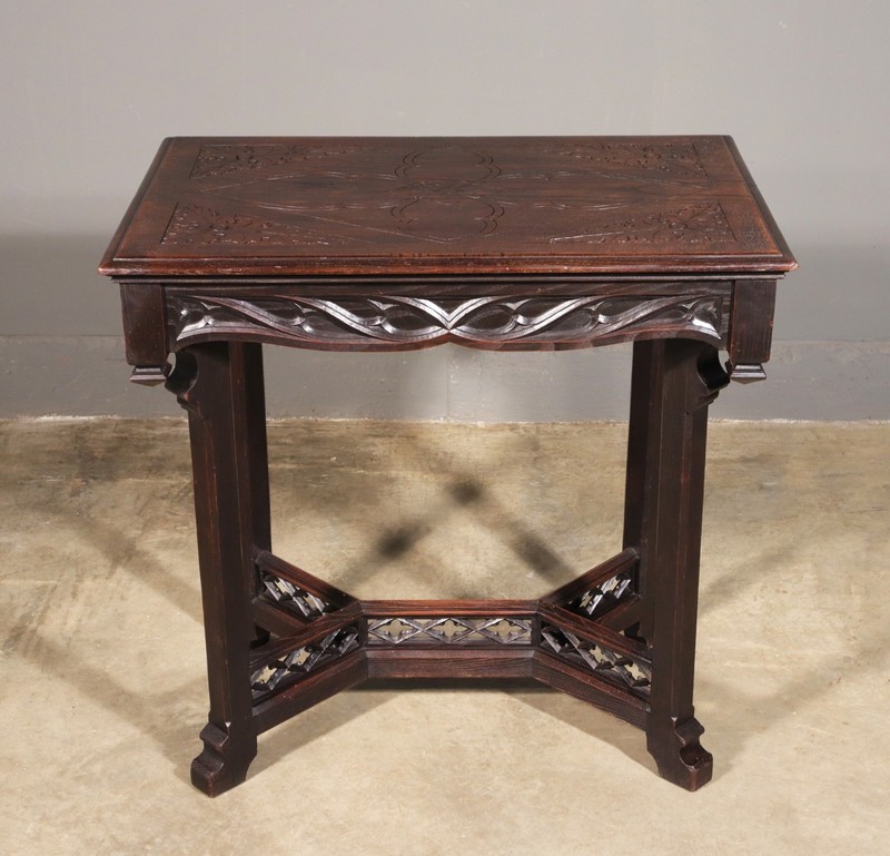 Antique French Gothic Revival Table in Solid Chestnut Wood With Carvings gallery