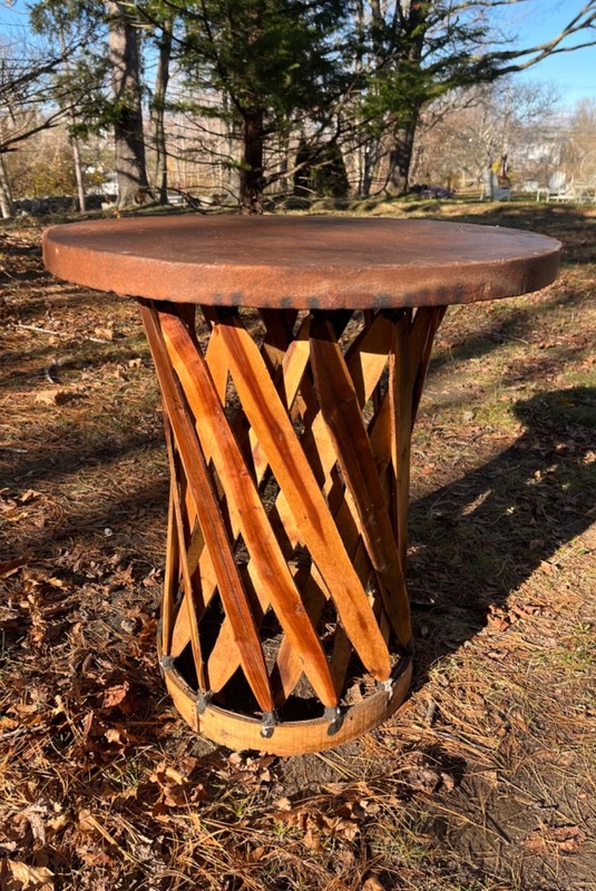 Equipale Mexico Side Table Leather Top Cedar Wood Strip Base 1950s Aztec FolkArt gallery