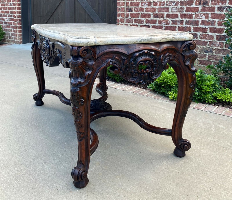 Antique French Console Entry Table Marble Top Carved Walnut Foyer Sofa Excellent gallery