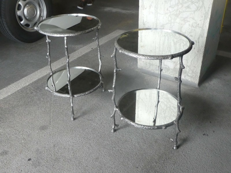 VINTAGE PAIR OF TWO TIER ROUND ALUMINUM TREE BRANCH TABLES gallery