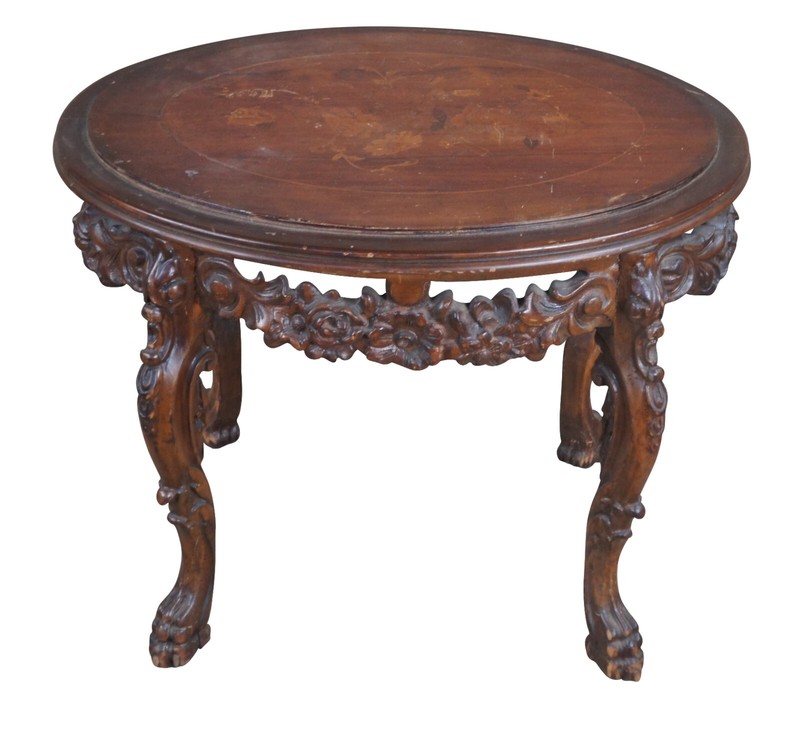 Antique French Louis XV Style Walnut Marquetry Inlaid Carved Oval Coffee Table