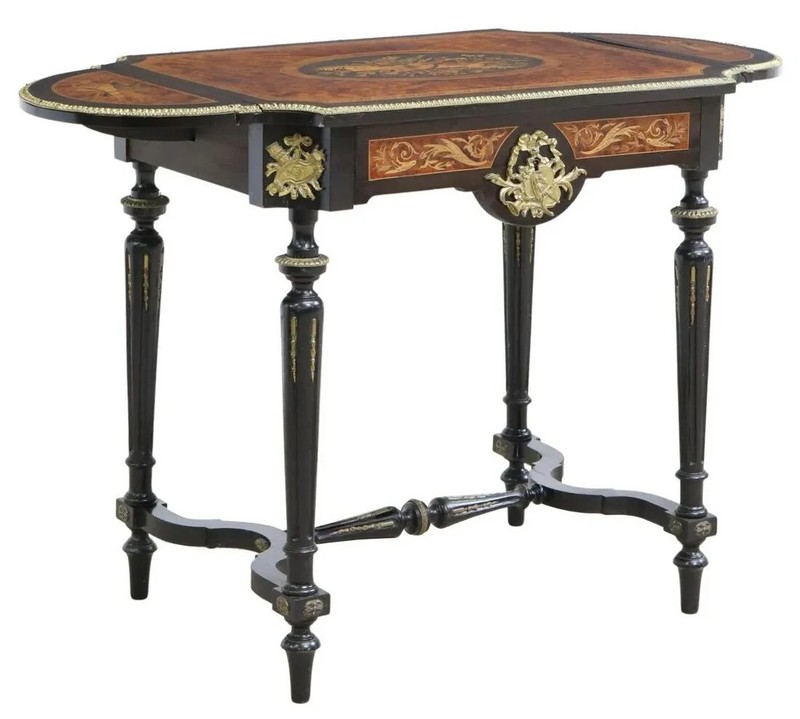 Antique Drop-Side Tables, Near Pair, French Napoleon III, Marquetry, 1800s!! gallery