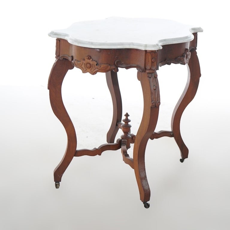 Antique Victorian Carved Walnut & Marble Turtle Top Parlor Table C1890 gallery
