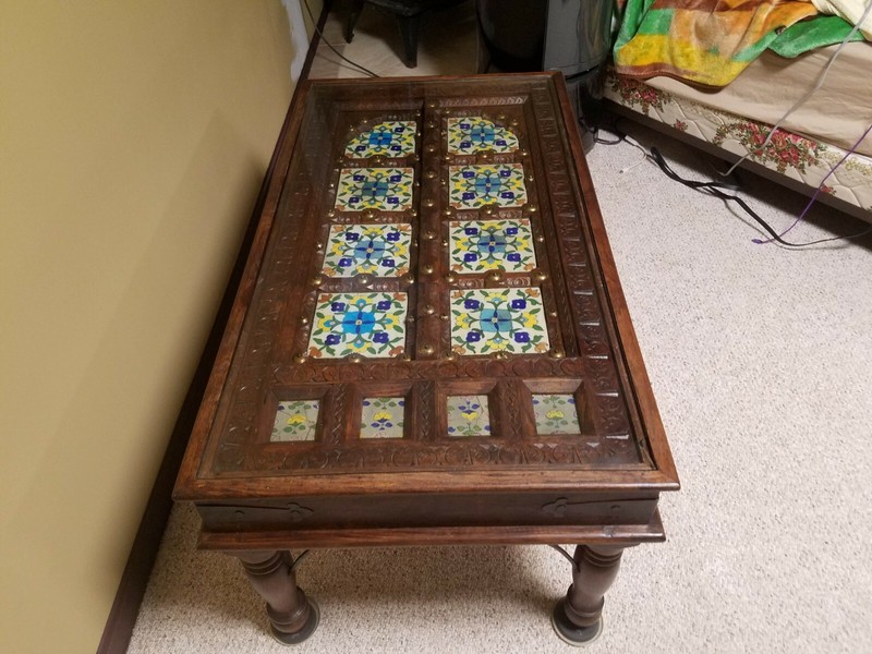 Indian Teak Wood Coffee Table with tile inlay and matching end tables gallery