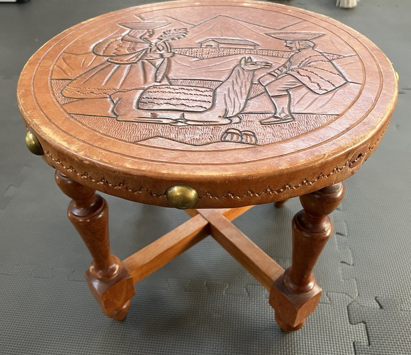 Mid Century Peruvian Antique Emmbossed Leather South American Stool Llama