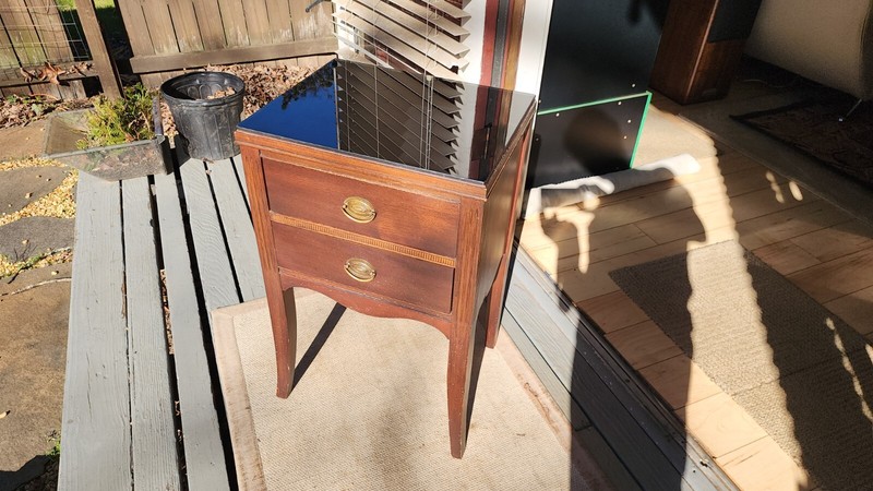 Antique Hardwood 2 drawer side table with Curved Legs & Black Glass Top gallery