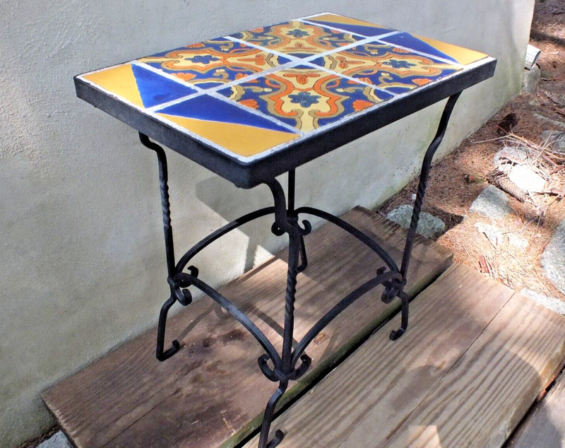 C1929 Hispano Moresque Spanish Revival Tile Top Table with Wrought Iron Base gallery