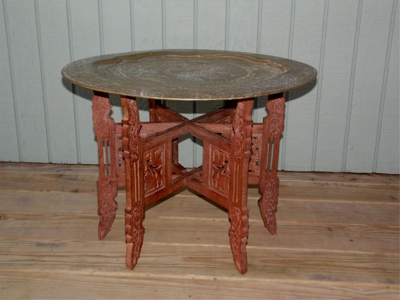 Vintage Middle Eastern Carved Teak & Engraved Brass Tray Top Folding Table