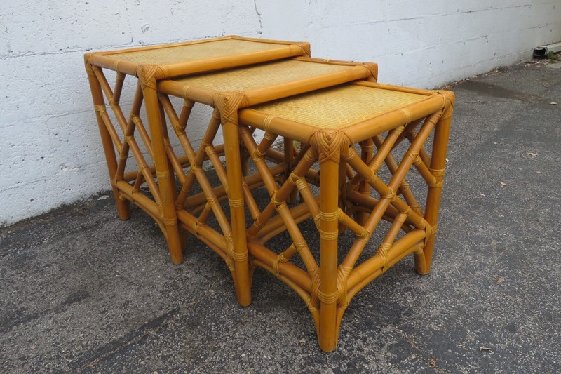 Hollywood Regency Bamboo Rattan Nesting Tables Set of Three 5880
