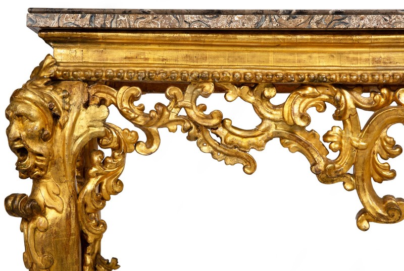 Rare Italian Rococo Giltwood Fossilized Marble Console Table ca. 1750 gallery