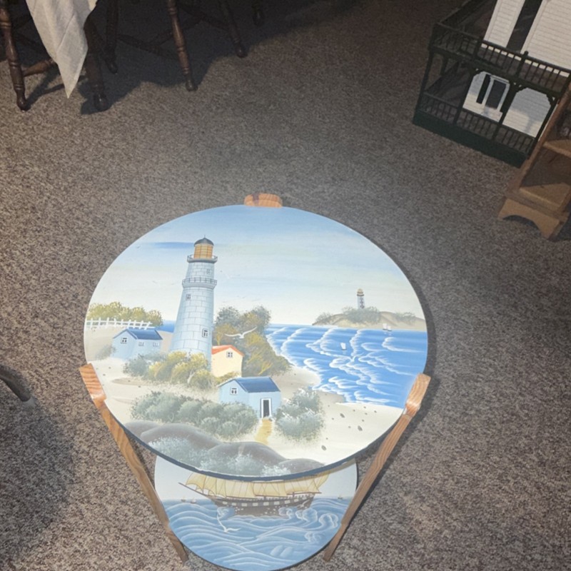Hand Painted Lighthouse Antique Round Wood Accent Table, 16x16x29 in, Multicolor