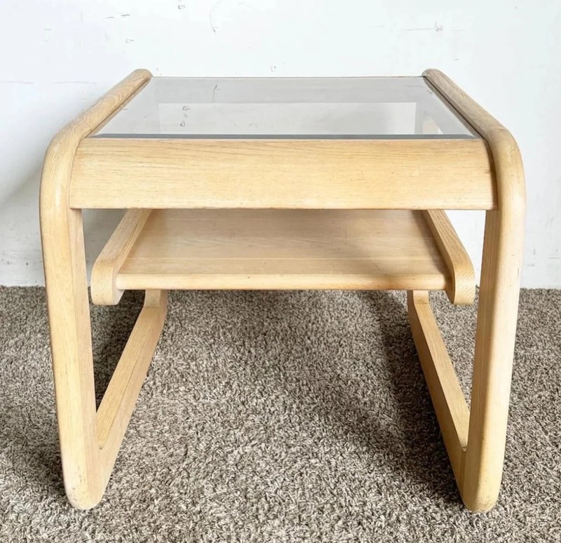 Mid Century Modern Oak Side Tables With Smoked Glass Top by Lou Hodges - A Pair gallery