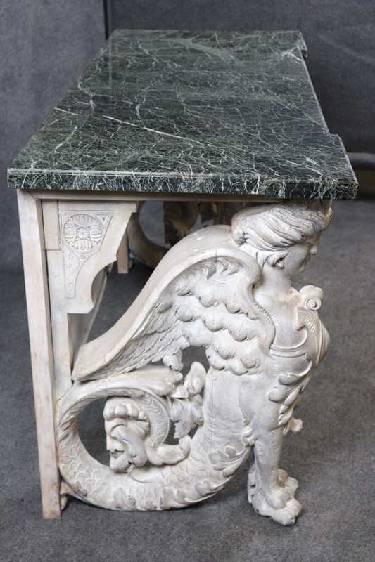 Stunning Monumental Figural Female Sphinx Carved Base Verdi Marble Console Table gallery