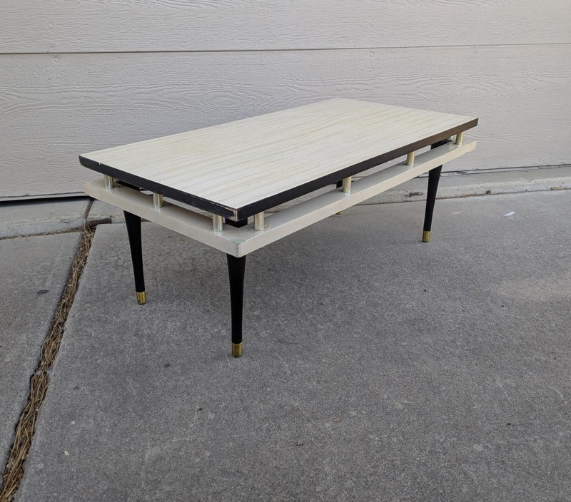 Vintage Mid Century Modern Atomic Formica Coffee Table Wood Brass Tapered Legs gallery