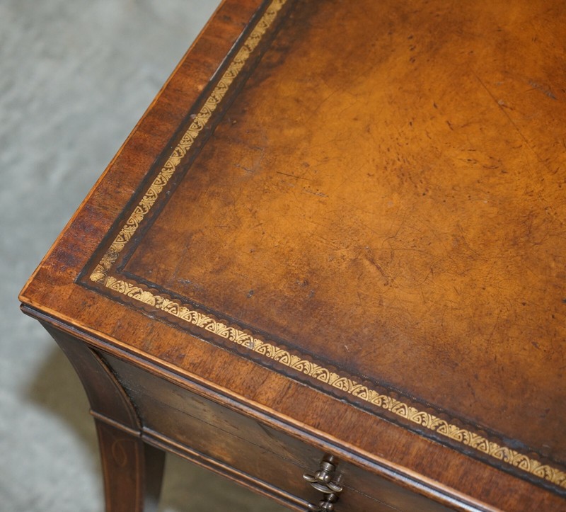 VICTORIAN MAHOGANY CURVED SINGLE DRAWER SIDE END LAMP TABLE BROWN LEATHER TOP gallery