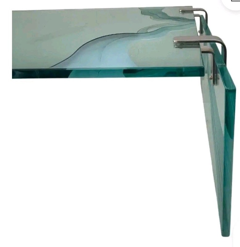 Vintage Etched Glass Coffee Table w/ Brass in Style of Fontana Arte ITALY 1960's gallery