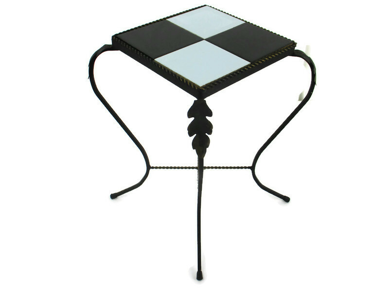 Retro Small Side Table Plant stand Mosaic tiles Checkered pattern Wrought Iron