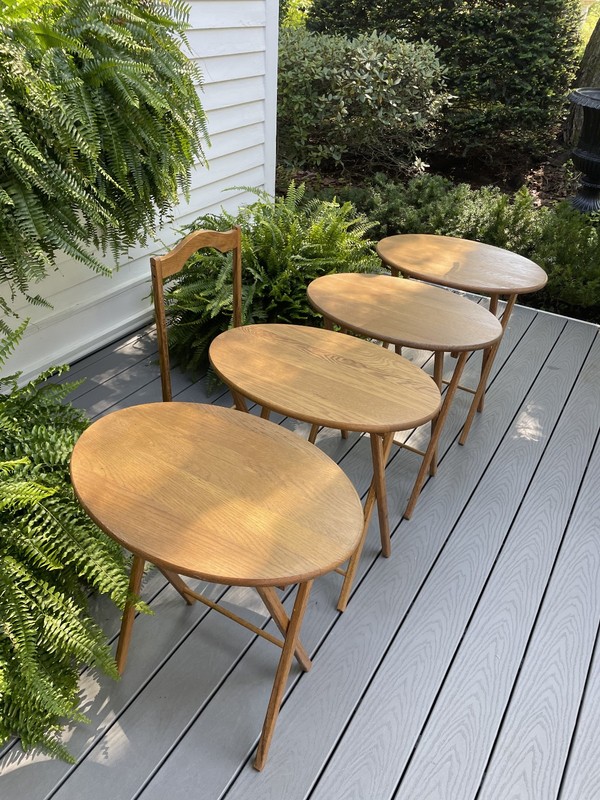 VTG 4 OAK WOOD OVAL FOLDING TV TRAY TABLE RACK STAND SET USE END SIDE NIGHTSTAND gallery