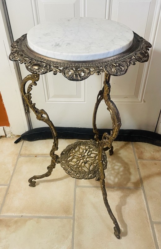 Antique French Art Nouveau Two-Tier Brass Italy Marble Plant Stand Side Table