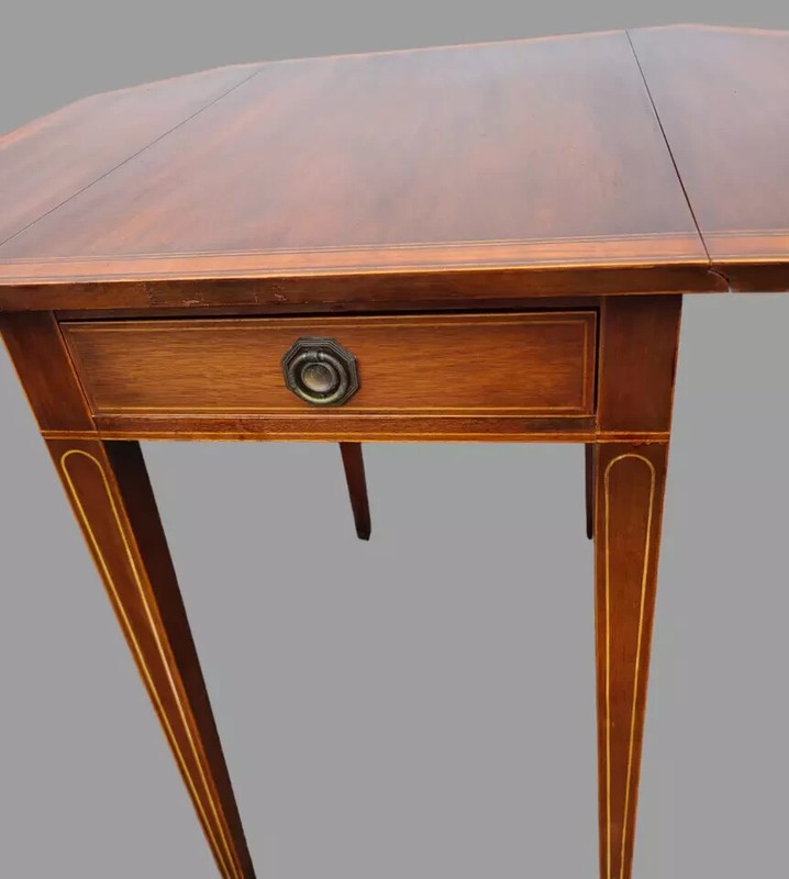 Antique Sheraton Mahogany One Drawer Pencil Inlay Drop Leaf Side Table 27'' High gallery