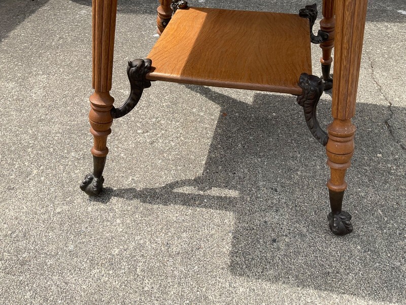 Antique Quarter Sawn Oak Parlor Lamp Table w/ Brass Claw Feet & Griffin Dragon gallery