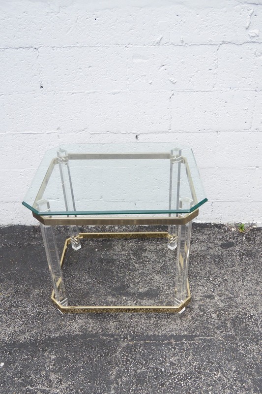 Hollywood Regency Lucite and Brass Finish with Glass Top Side Table 2998 gallery