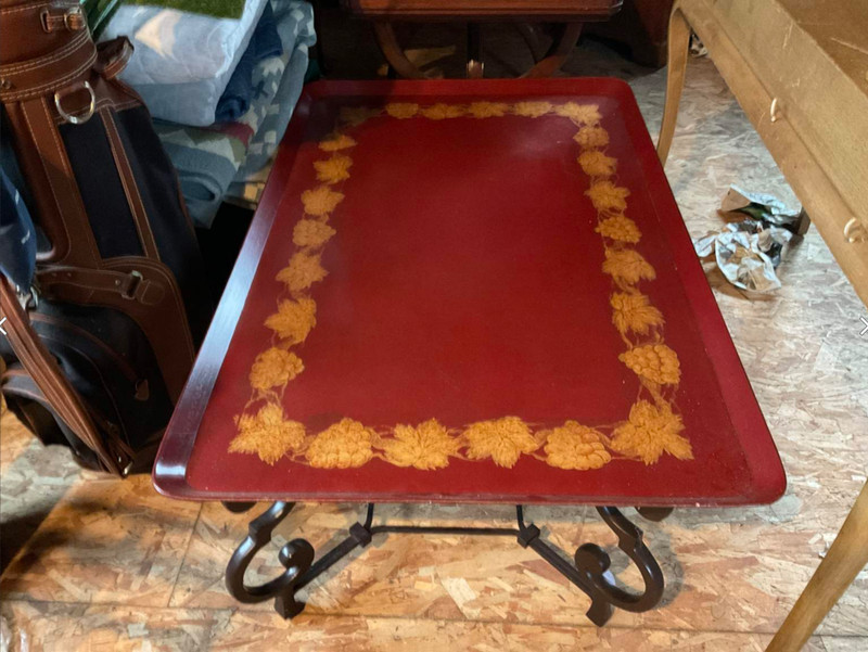 Hand Painted Red Tole Tray Top and Iron Base Coffee Table gallery