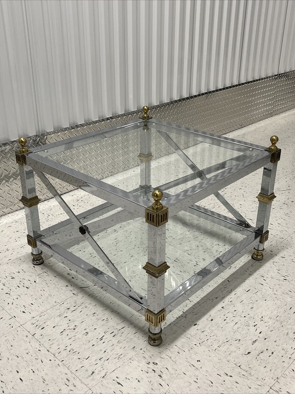 Vtg. Mid Century Maison Jansen Square Chrome Brass Glass X-Base Side End Table