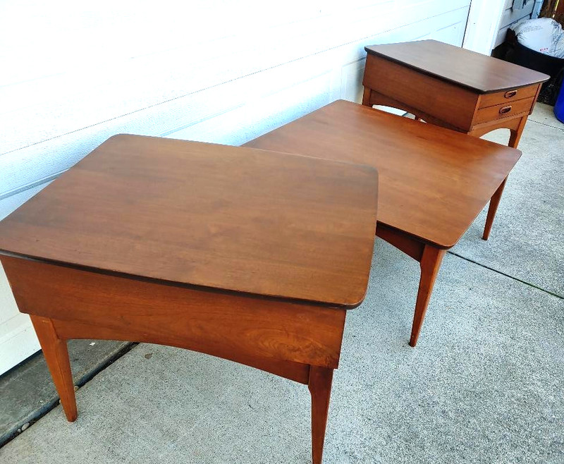 COOL SET (3) MID CENTURY MODERN WALNUT?, TEAK? COFFEE & 2 SIDE TABLES, BASSETT? gallery