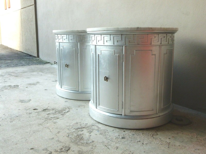 PAIR MID CENTURY HOLLYWOOD REGENCY MARBLE TOP SILVER LEAF GREEK KEY DRUM TABLES gallery