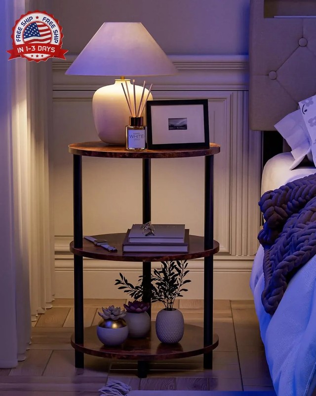 Round Small Side Table - 3 Tier Oval Accent Table for Small Spaces, Rustic Wood gallery
