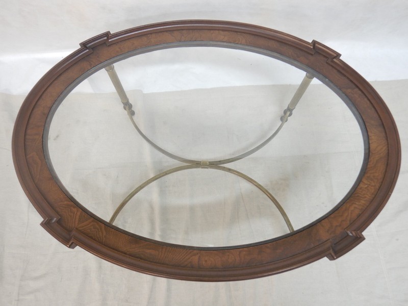Mid Century Coffee Table by Brandt Beveled Glass & wood with Brass Column legs gallery