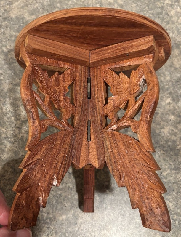 Vintage Indian Inlaid Hand Carved Wooden Boho Folding Plant Stand Table 6 1/2” gallery