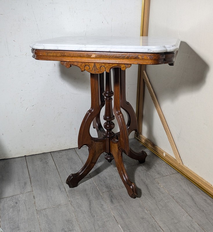 Antique Victorian Eastlake Marble Top Carved Wood Pedestal Parlor Table