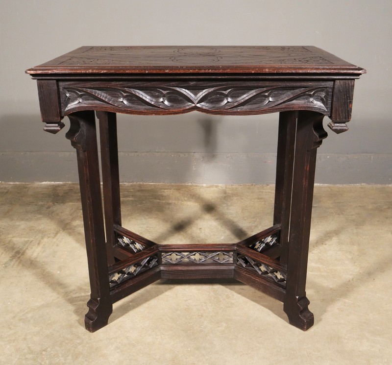 Antique French Gothic Revival Table in Solid Chestnut Wood With Carvings gallery