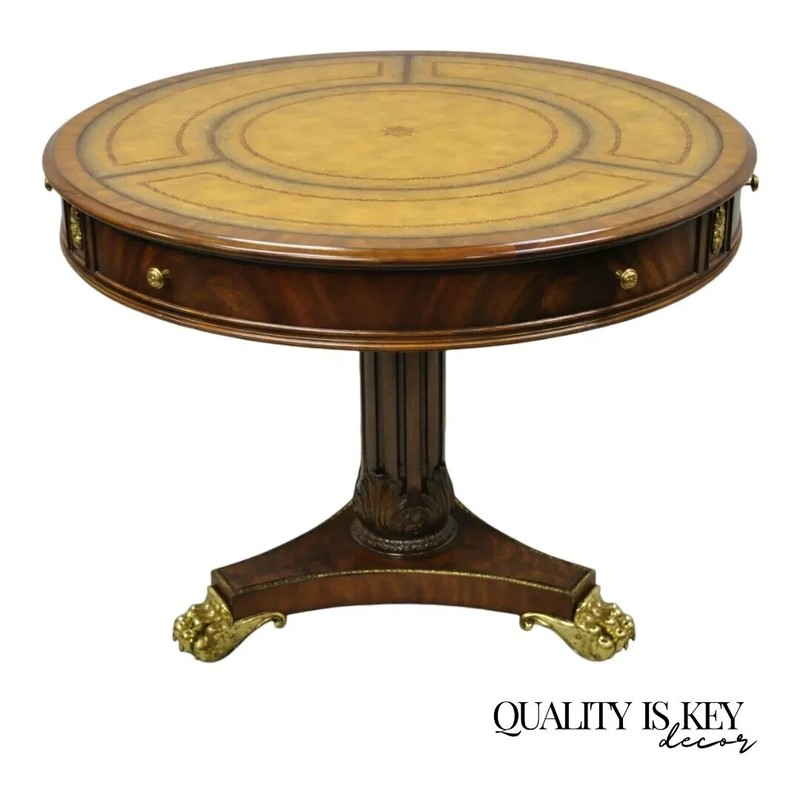 Maitland Smith French Empire Regency Leather Top Brass Feet Center Drum Table