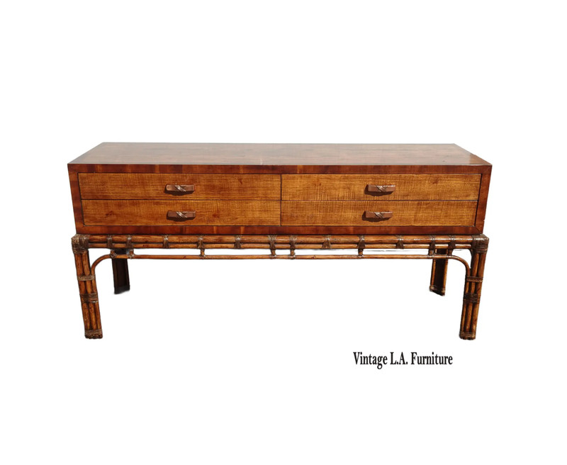 Vintage Henredon Circa East Console Table w Rattan Base ~ Credenza Sideboard
