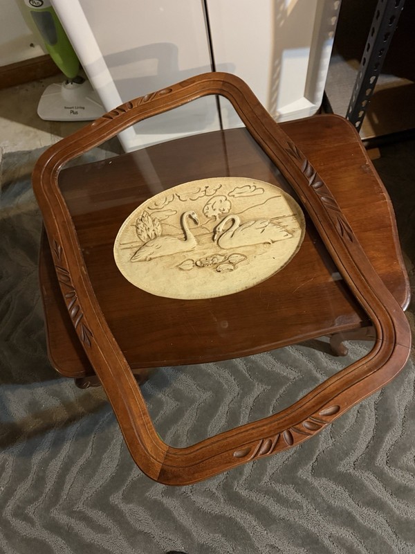 Antique Victorian Accent Table Swan Carving Glass Top Ornate Carved Legs gallery