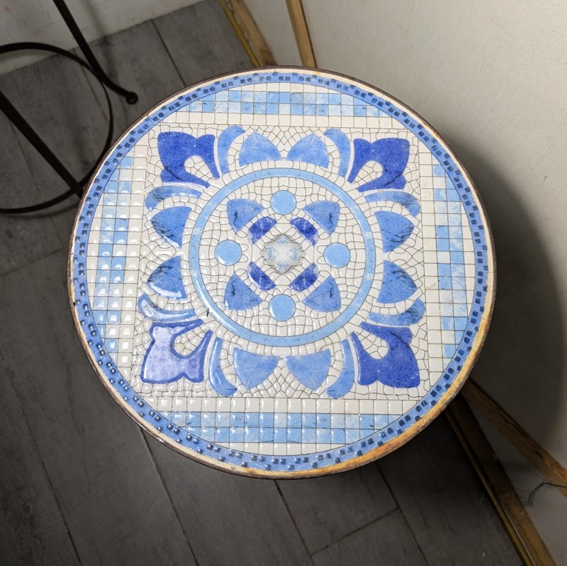 Vintage Set of 2 Blue Mosaic Tile Top Pedestal Tables Plant Stand Wrought Iron gallery