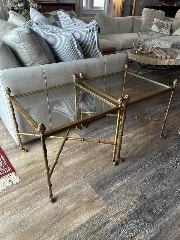 Mid Century Faux Bamboo Hollywood Regency Brass Square Side Tables