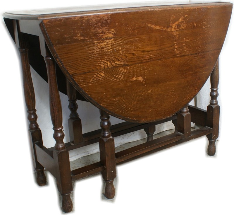 Solid British Tiger Oak Shabby Antique Drop Leaf Gate Leg Table England gallery